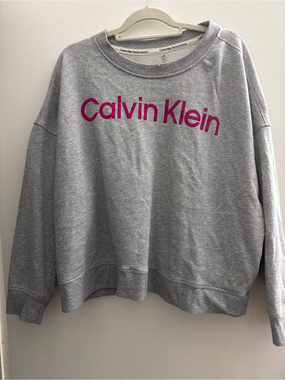 Calvin Klein Light Gray Crewneck Sweatshirt with Fuchsia Logo